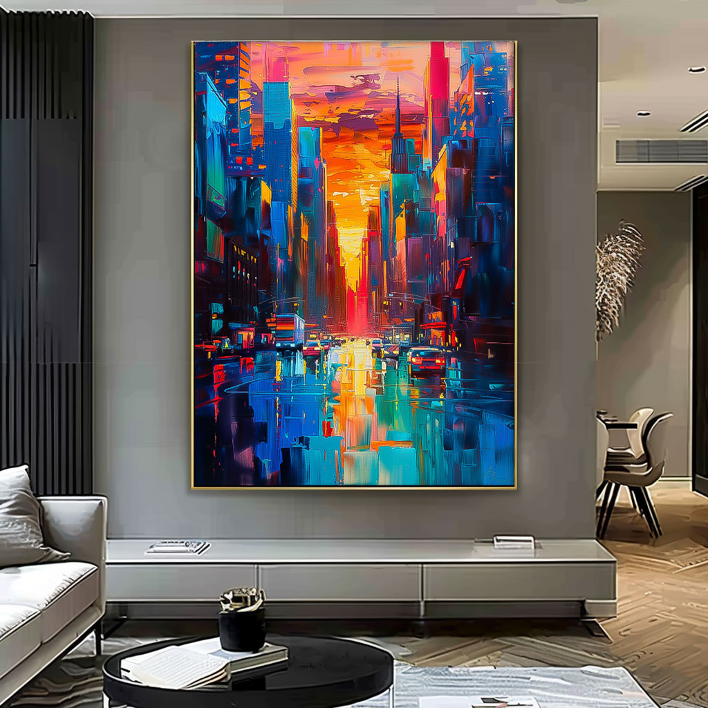 Color Big Wall Art Original Modern Cityscape Oil Painting On Canvas Abstract Urban Scene Art Home Decor