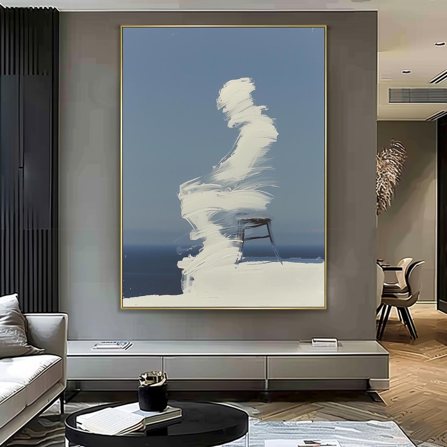 Cool Tones Original Abstract Wall Art Large Outline Acrylic Painting Figure Outline Painting Framed Artwork
