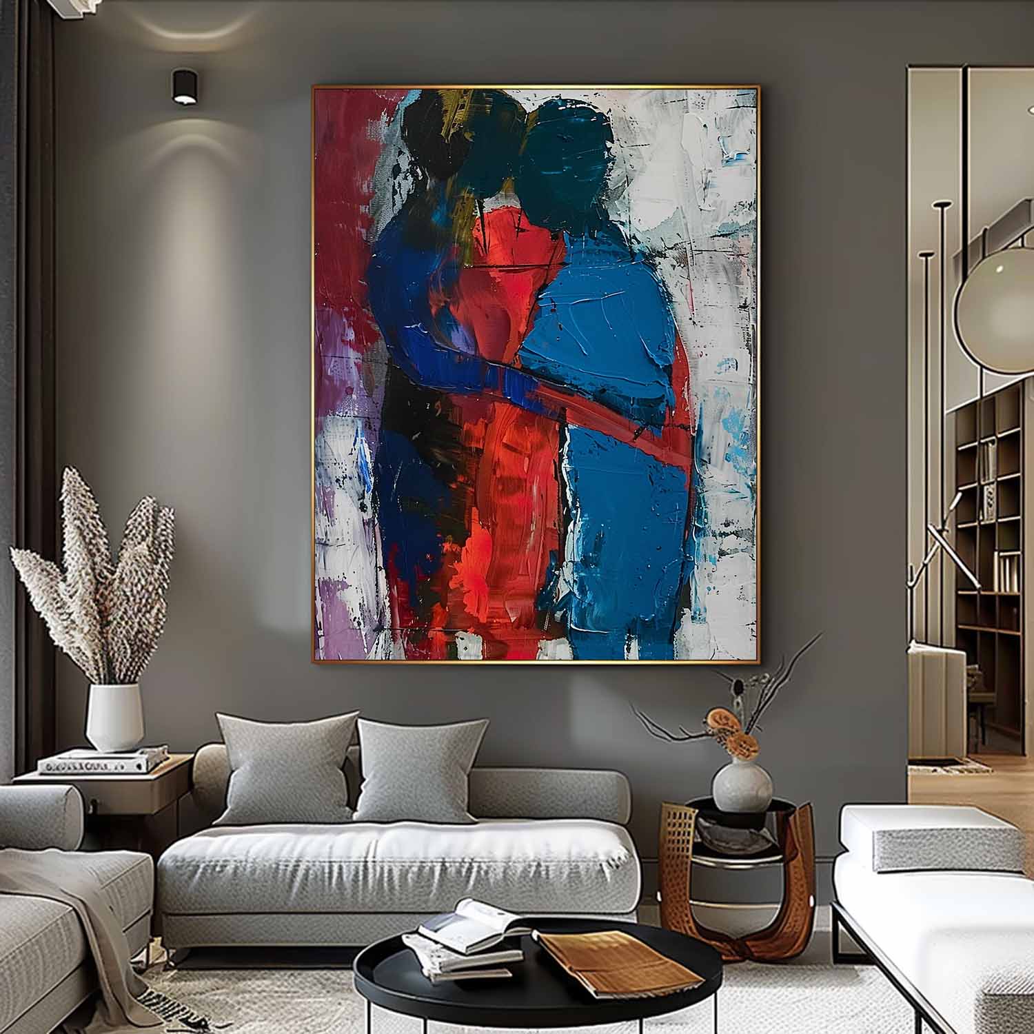 Original Abstract Embrace Wall Art Character Outline Painting Big Human Painting Framed Dark Series Artwork