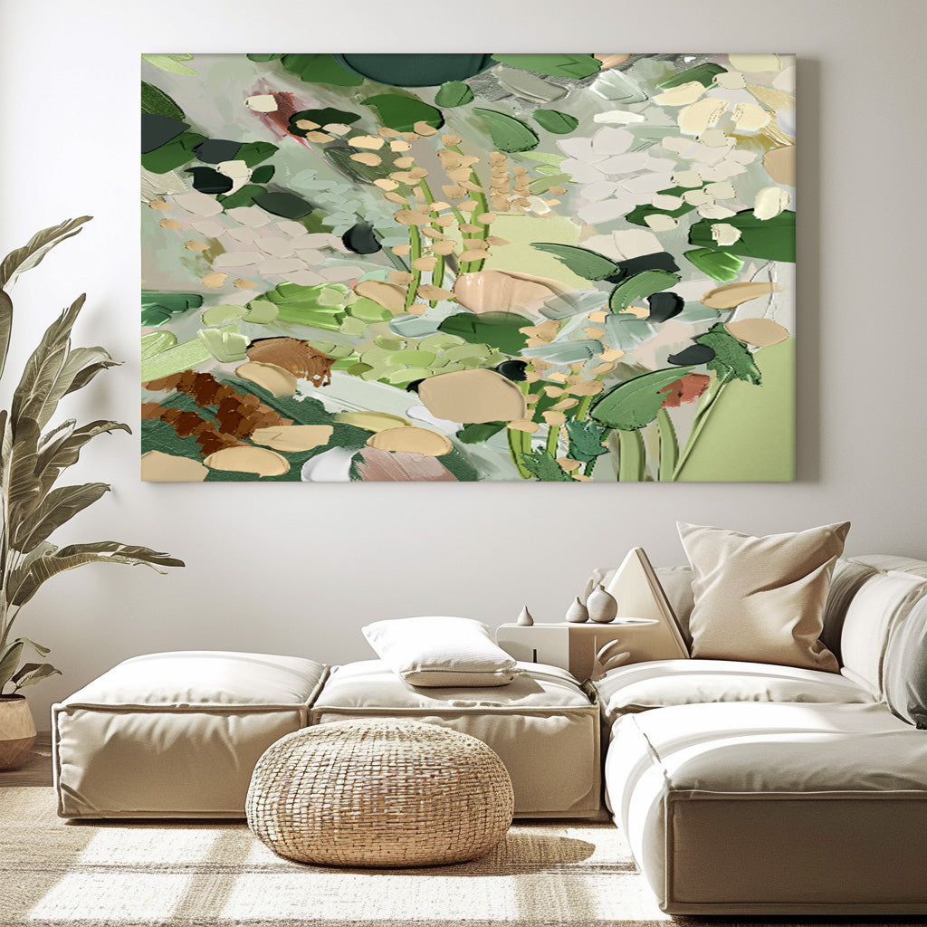 Horizontal Flower Texture Artwork Original Abstract Green Leaves Oil Painting On Canvas Home Decor Gift
