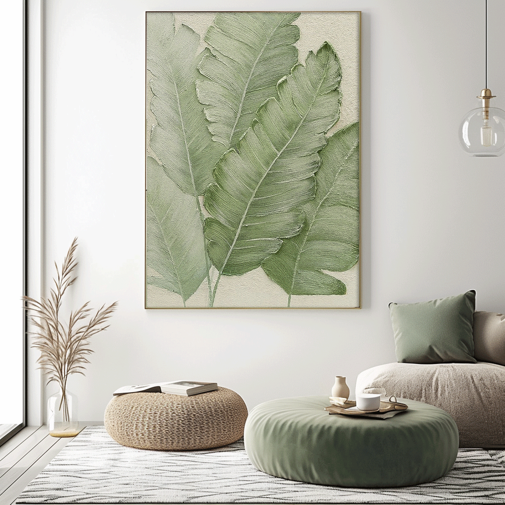 Large Thick Texture Abstract Green Leaf Paintings Contemporary Leaf Paintings Summer Painting Framed Wall Art