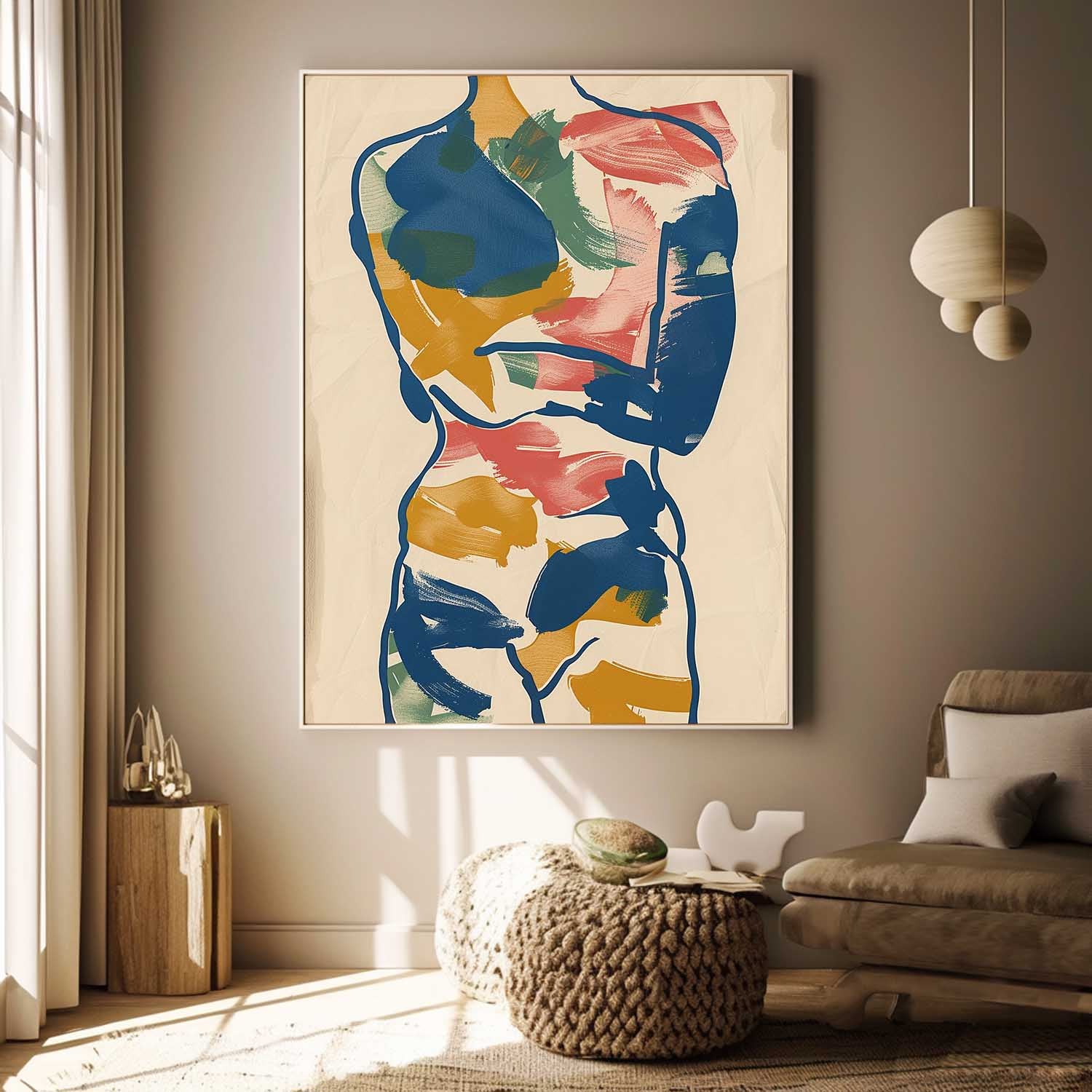 Vibrant Boho Original Abstract Color Body Line Outline Wall Art Figure Contour Acrylic Painting Minimalism Artwork