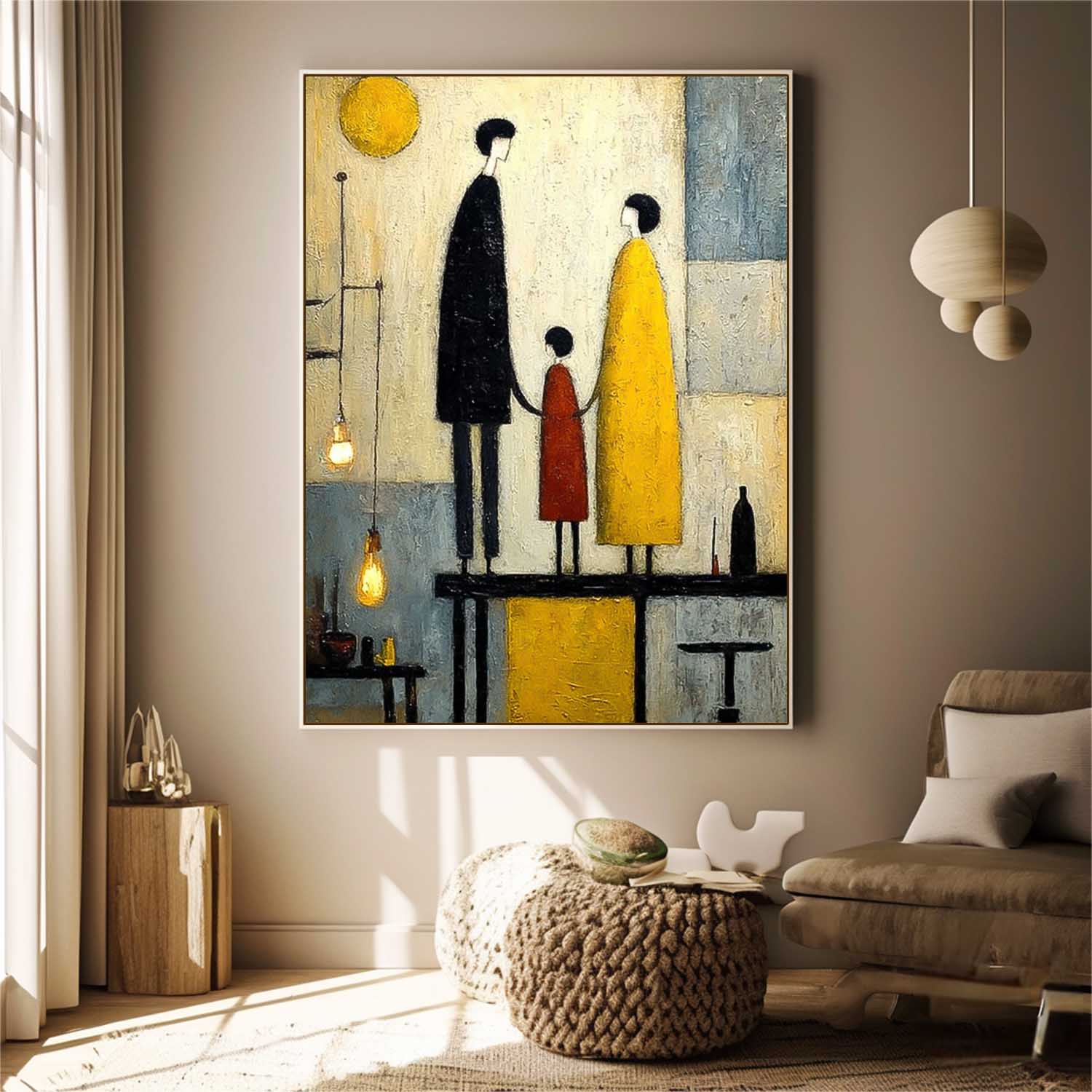 Modern City Silhouette Original Neutral Background Oil Painting Minimalist Family Wall Art Home Decor