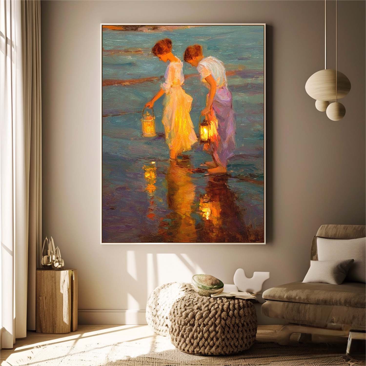 Coastal Oil Painting Two Women With Lanterns By Sea Shore At Dusk Vintage Glow & Water Reflections Wall Art