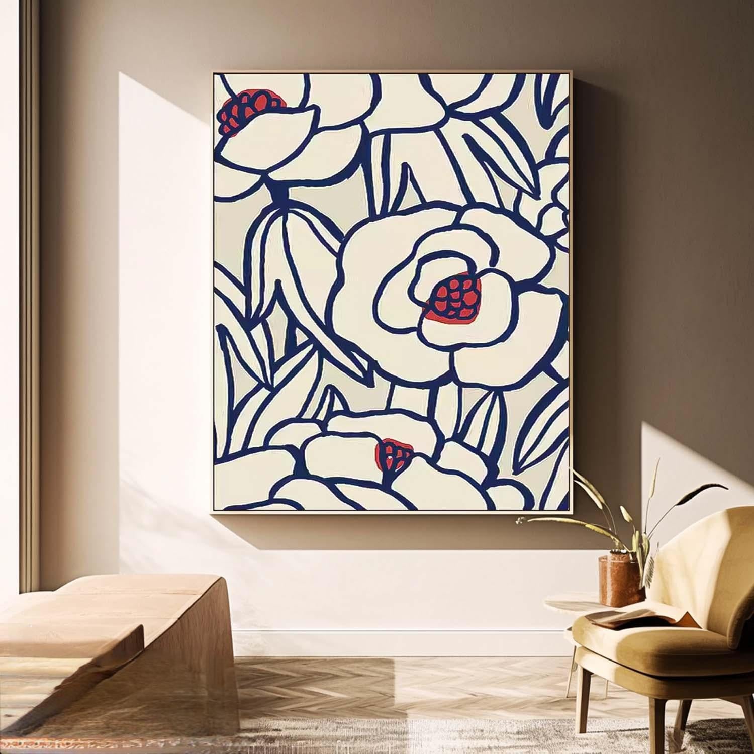 Original Minimalist Lines Floral Painting Large Wall Art Abstract Flower Acrylic Painting On Canvas Custom Home Decor