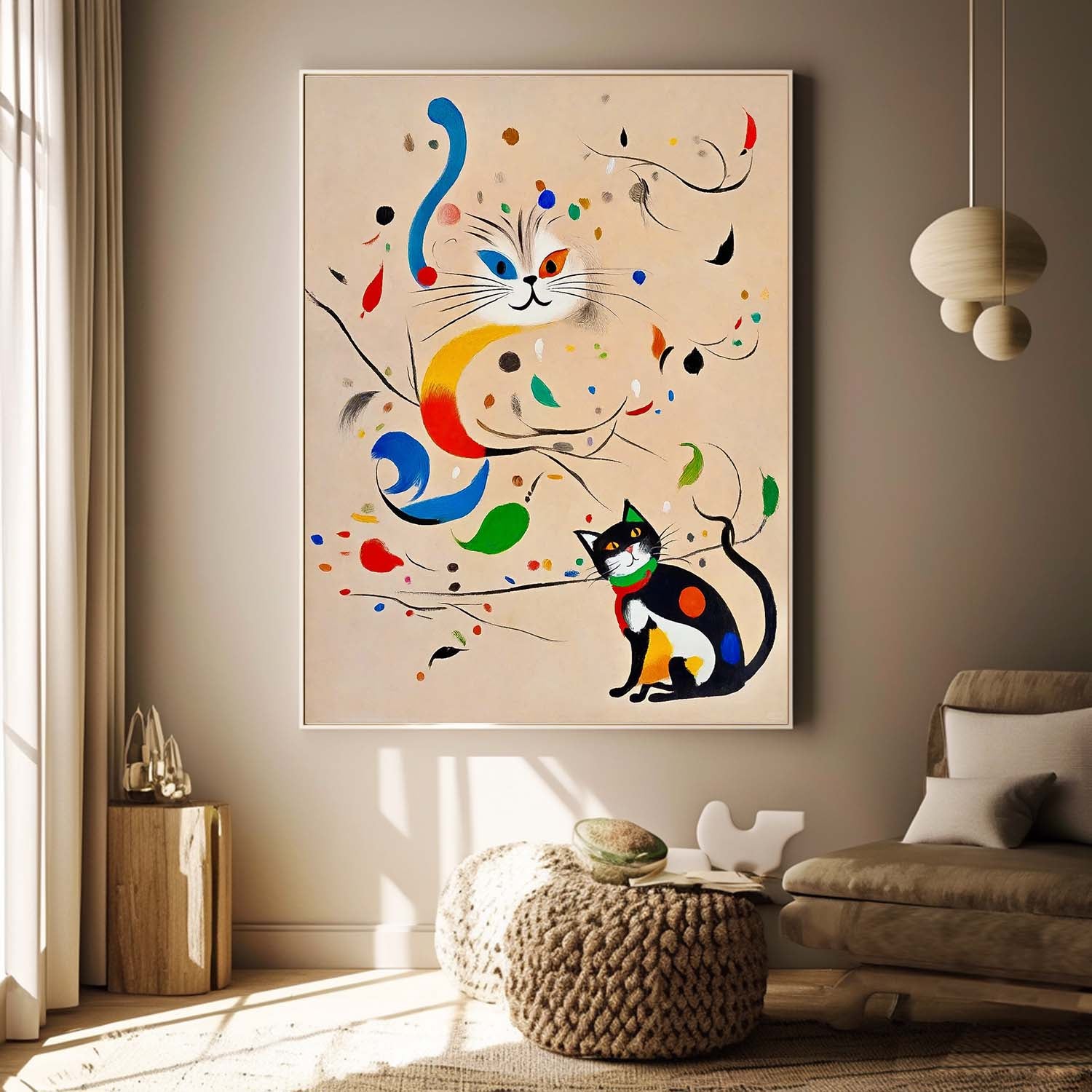 Colorful Modern Cat Oil Painting Joan Miró Style Abstract Cat Acrylic Painting Pop Artwork Home Decor