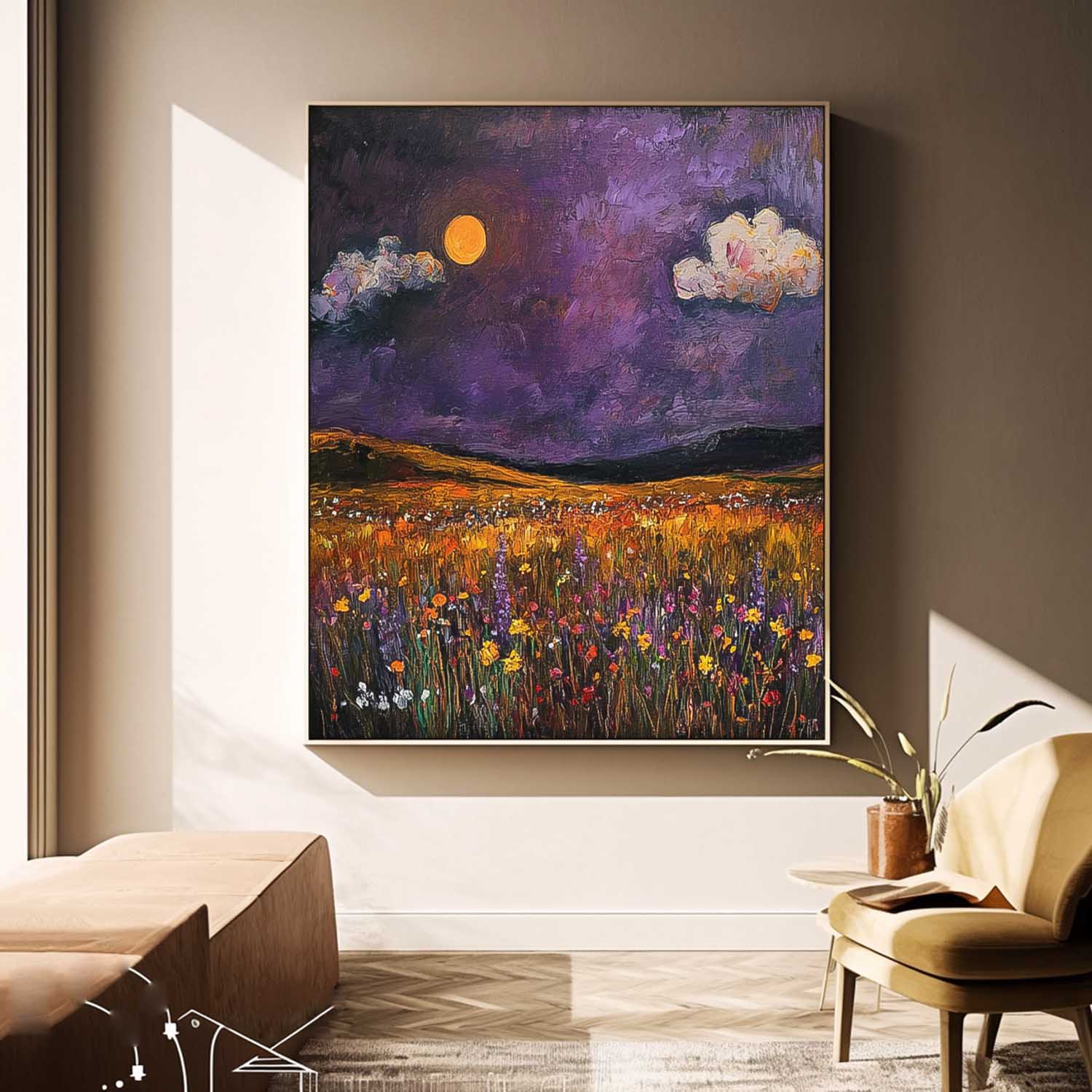 Large Spring Wall Art Original Landscape Oil Painting Abstract Purple Scenery Painting Living Room Decor