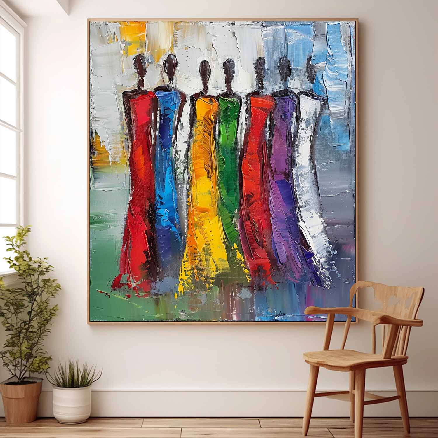 Colorful Abstract people's Wall Art Original Woman Character Outline Painting Canvas Large Square Artwork