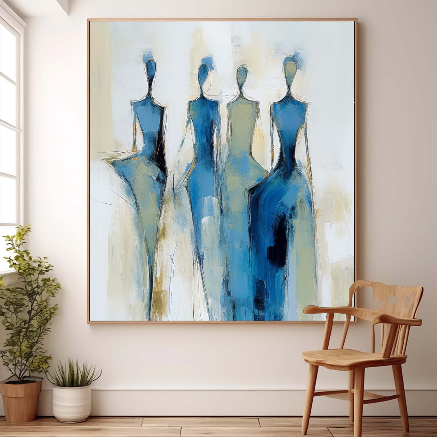 Square Large Portrait Artwork Original Blue Figure Acrylic Painting Canvas Abstract Wall Art Decor