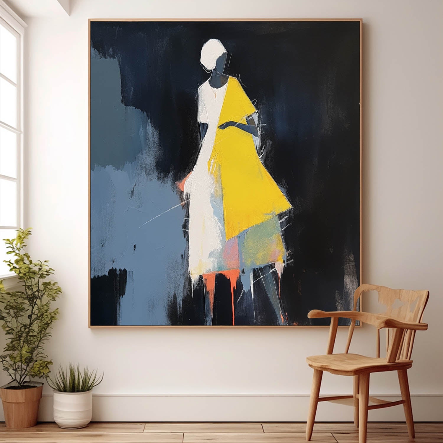 Black And Yellow Abstract people's Wall Art Original Character Outline Painting Canvas Large Square Artwork