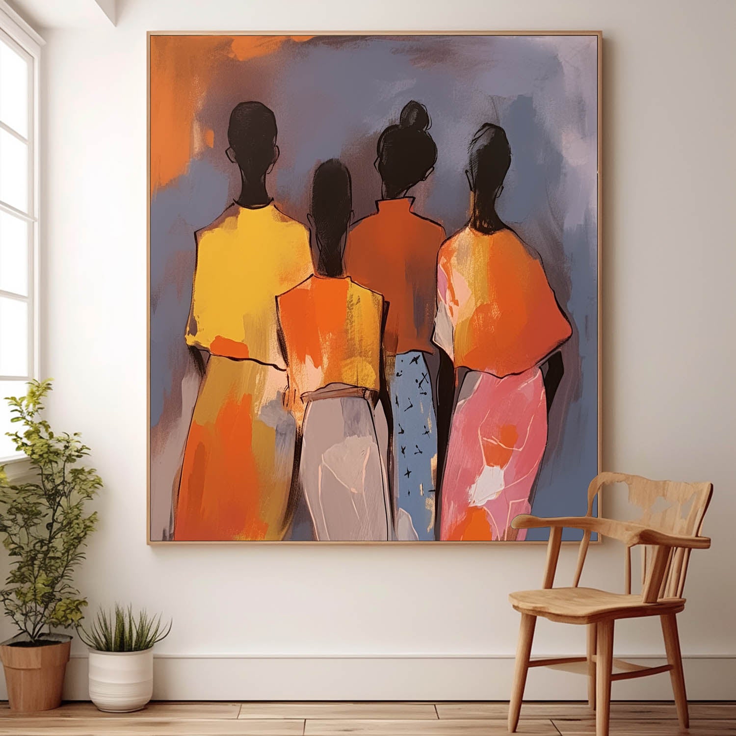 Warm Colors Four people's backs Wall Art Original Beautiful Painting Canvas Large Square Artwork Home Decor