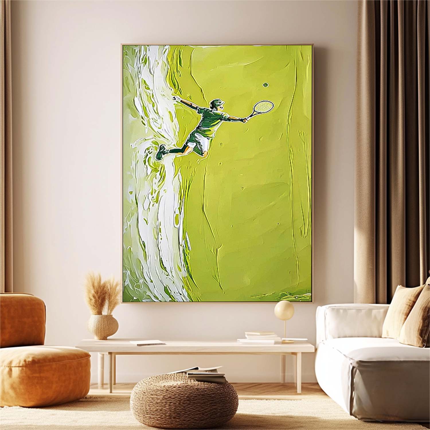 Large Green Tennis Court Painting Textured Wall Art Abstract Tennis Sports Art on Canvas Tennis Lovers Gift