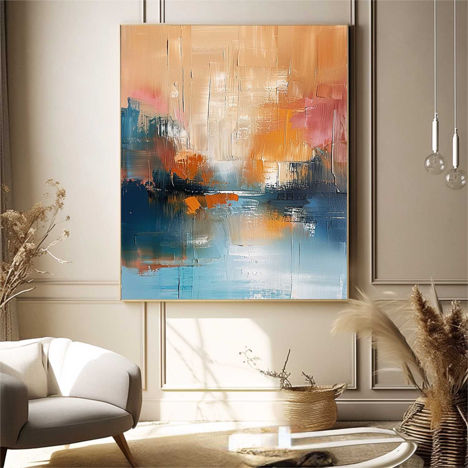 Yellow And Blue Modern Landscape Wall Art Large Abstract Painting On Canvas Original Vertical Scenery Painting