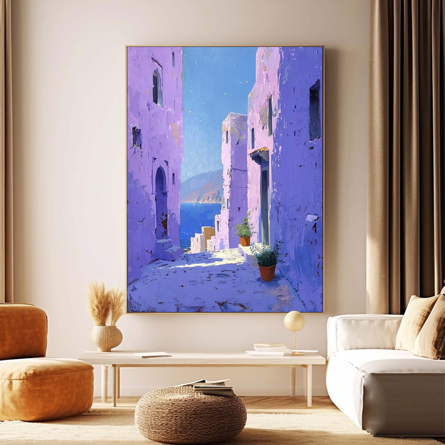 Dreamy Purple Building Large Alley Wall Art Original Modern Oil Painting On Canvas Abstract House Art Home Decor