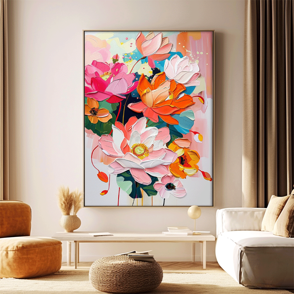 Abstract Colorful Lotus Flower Oil Painting on Canvas Big Original Texture Flowers Artwork Framed