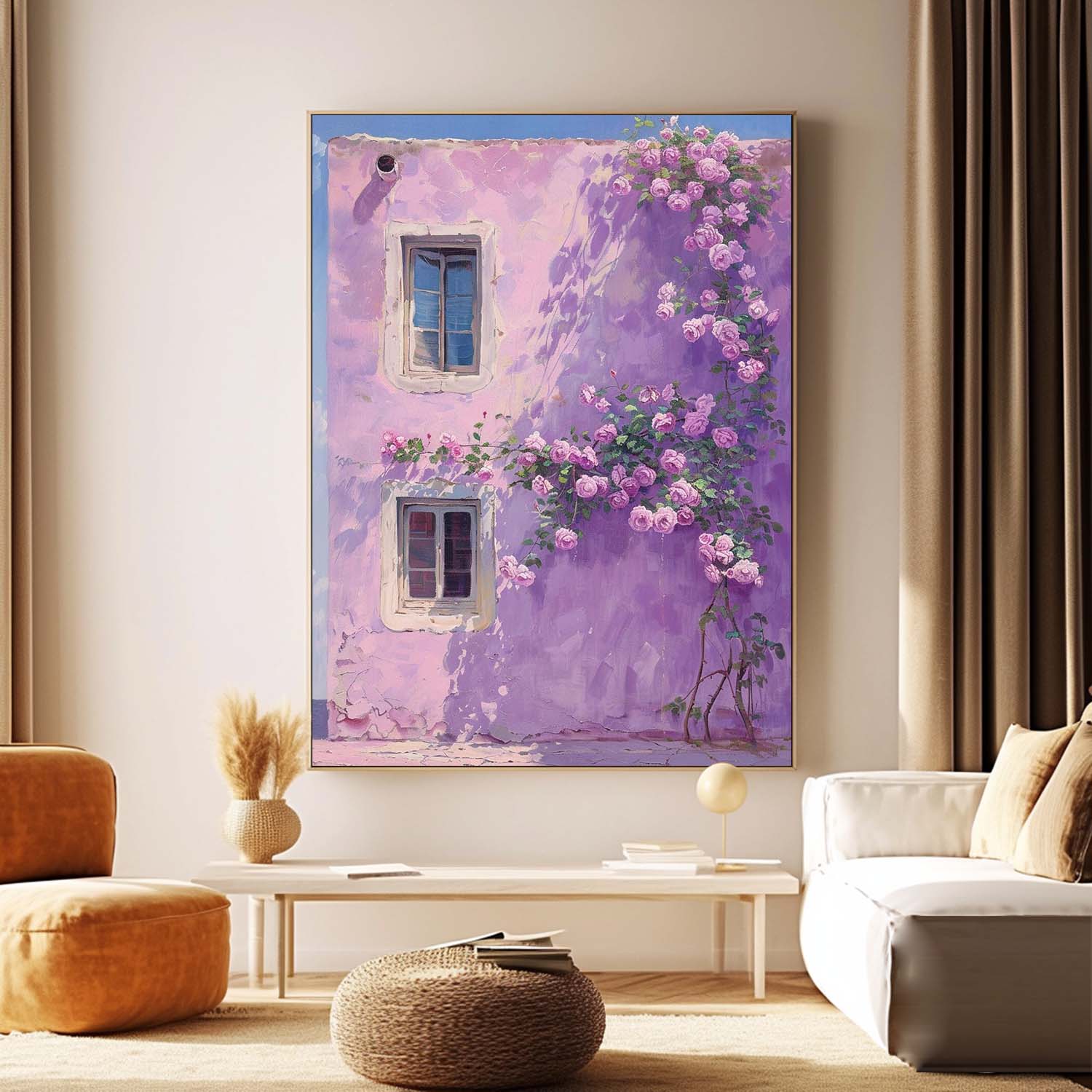 Original Floral Painting Flowers And Purple Building Acrylic Painting Canvas Large Textured Art Home Decor