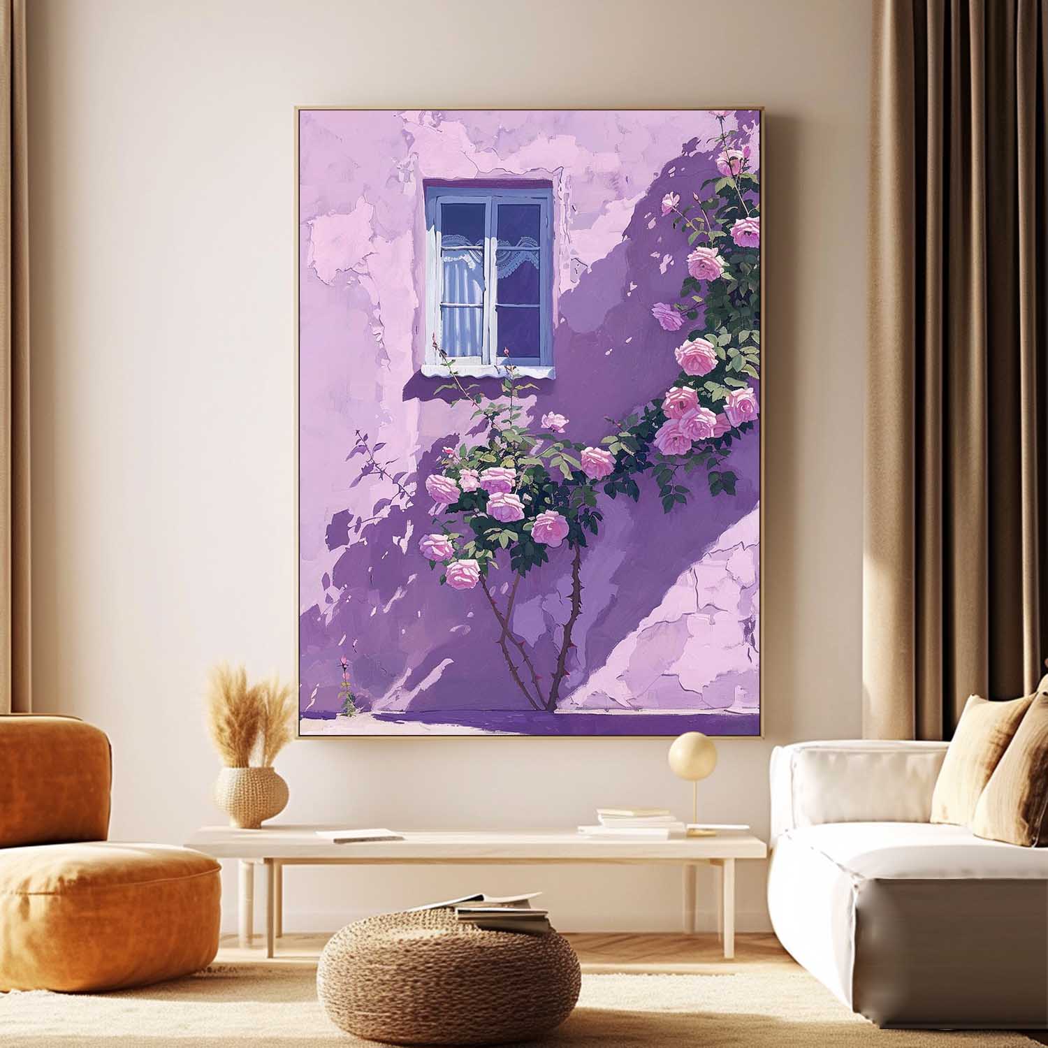 Flowers And Purple Building Acrylic Painting Canvas Large Textured Art Original Floral Painting Home Decor