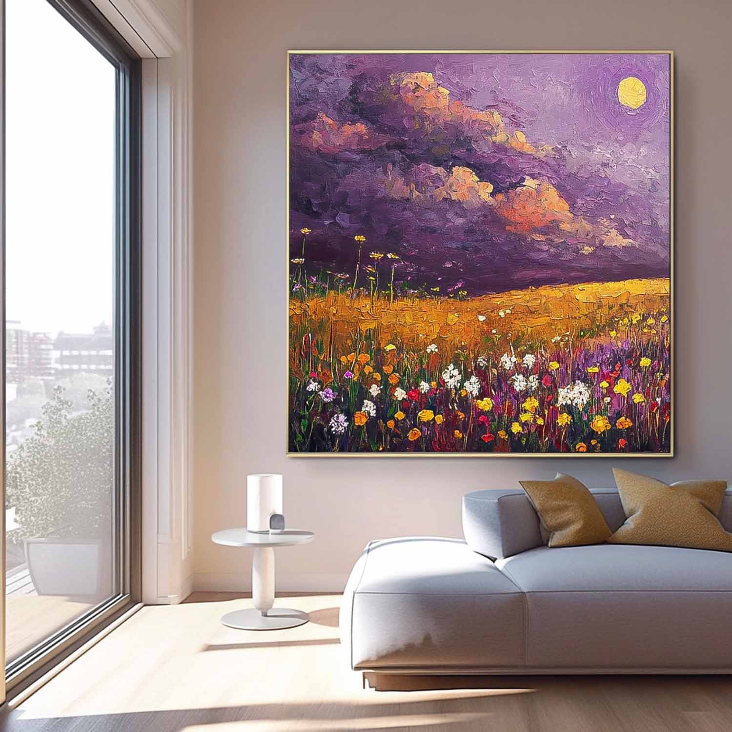 Original Landscape Oil Painting Large Spring Wall Art Abstract Purple Scenery Painting Living Room Decor