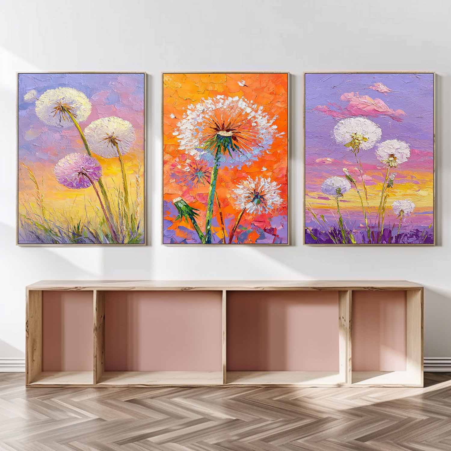 Impressionist Sunset Wildflower Painting Triptych Boho Decor Vibrant Color Dandelion Modern Floral Art