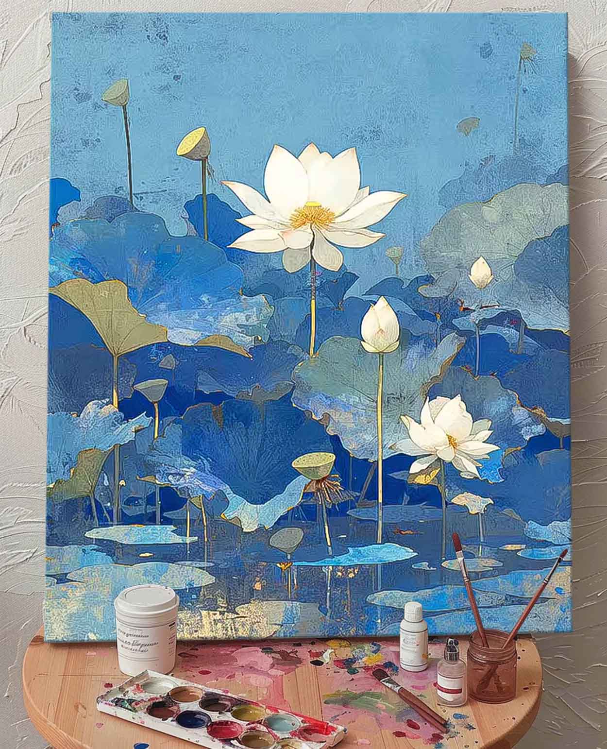 Abstract Lotus Flower Oil Painting On Canvas Big Original Texture Beautiful Blue Flowers Artwork Framed