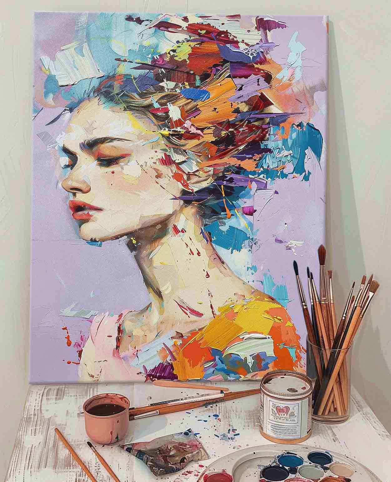 Original Wall Art Abstract Lady Painting Colorful Face Artwork Large Portrait Painting For Living Room