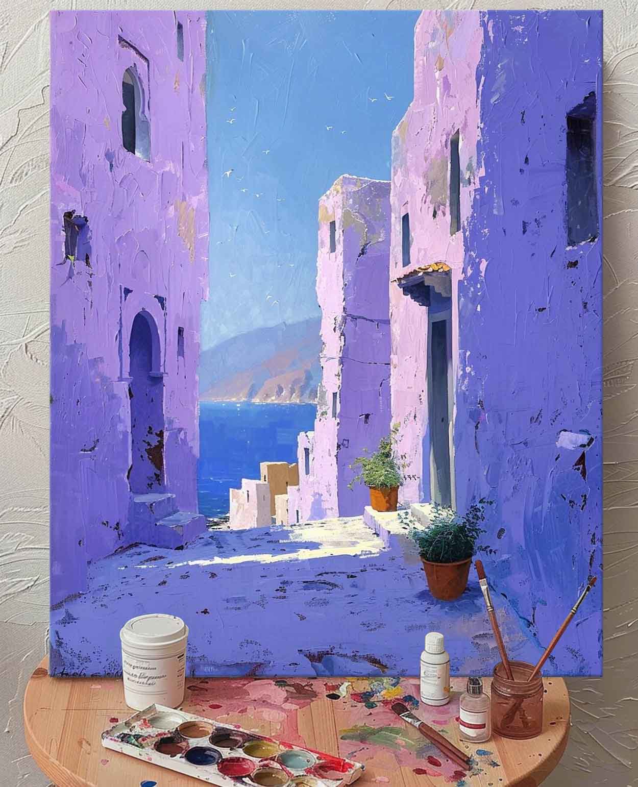 Dreamy Purple Building Large Alley Wall Art Original Modern Oil Painting On Canvas Abstract House Art Home Decor