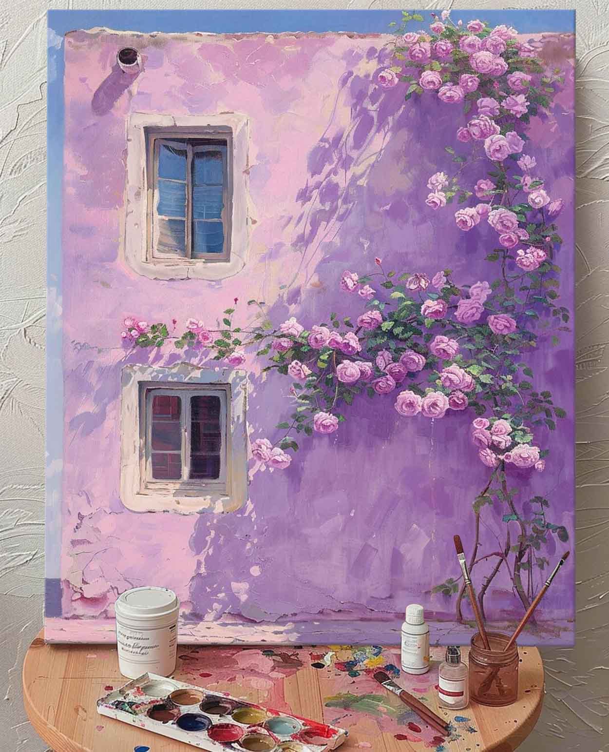 Original Floral Painting Flowers And Purple Building Acrylic Painting Canvas Large Textured Art Home Decor