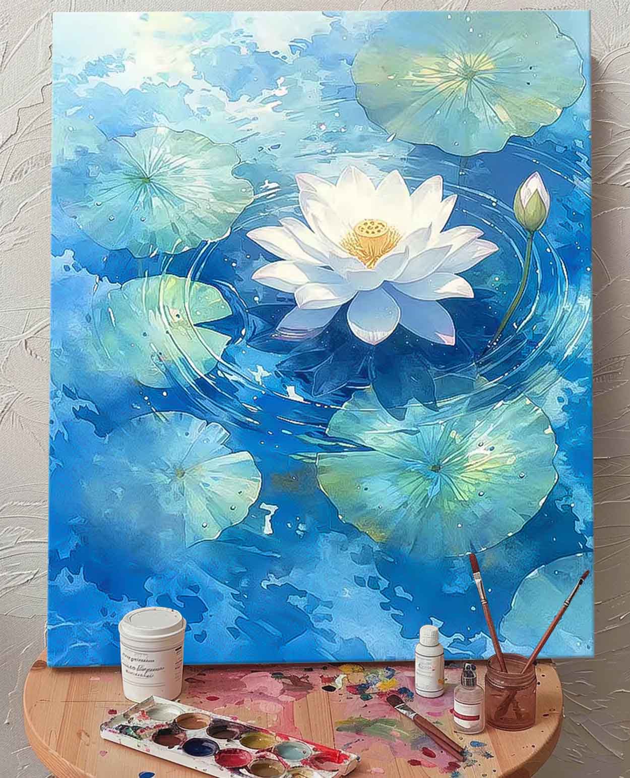 Abstract Lotus Flower Oil Painting On Canvas Big Original Texture Beautiful Blue Artwork Framed Home Decor