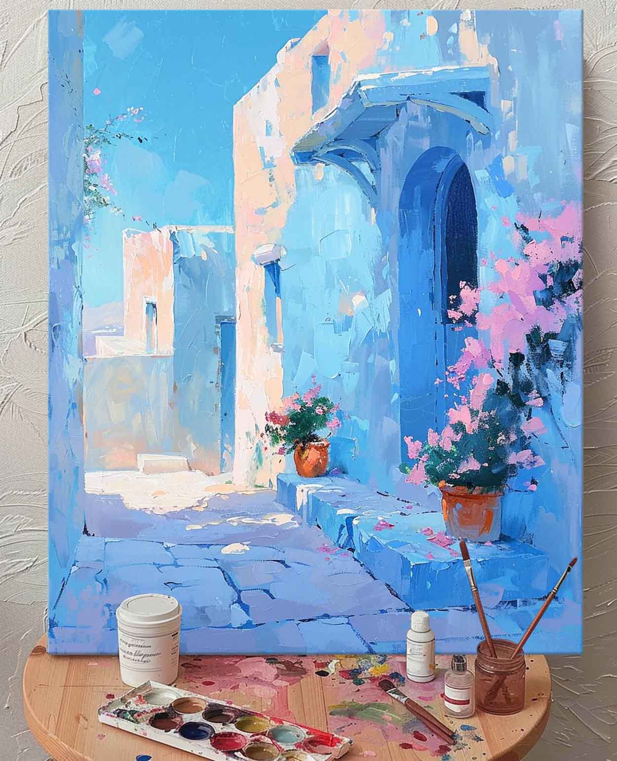 Large Alley Wall Art Original Modern Oil Painting On Canvas Dreamy Blue Building Abstract House Art Home Decor