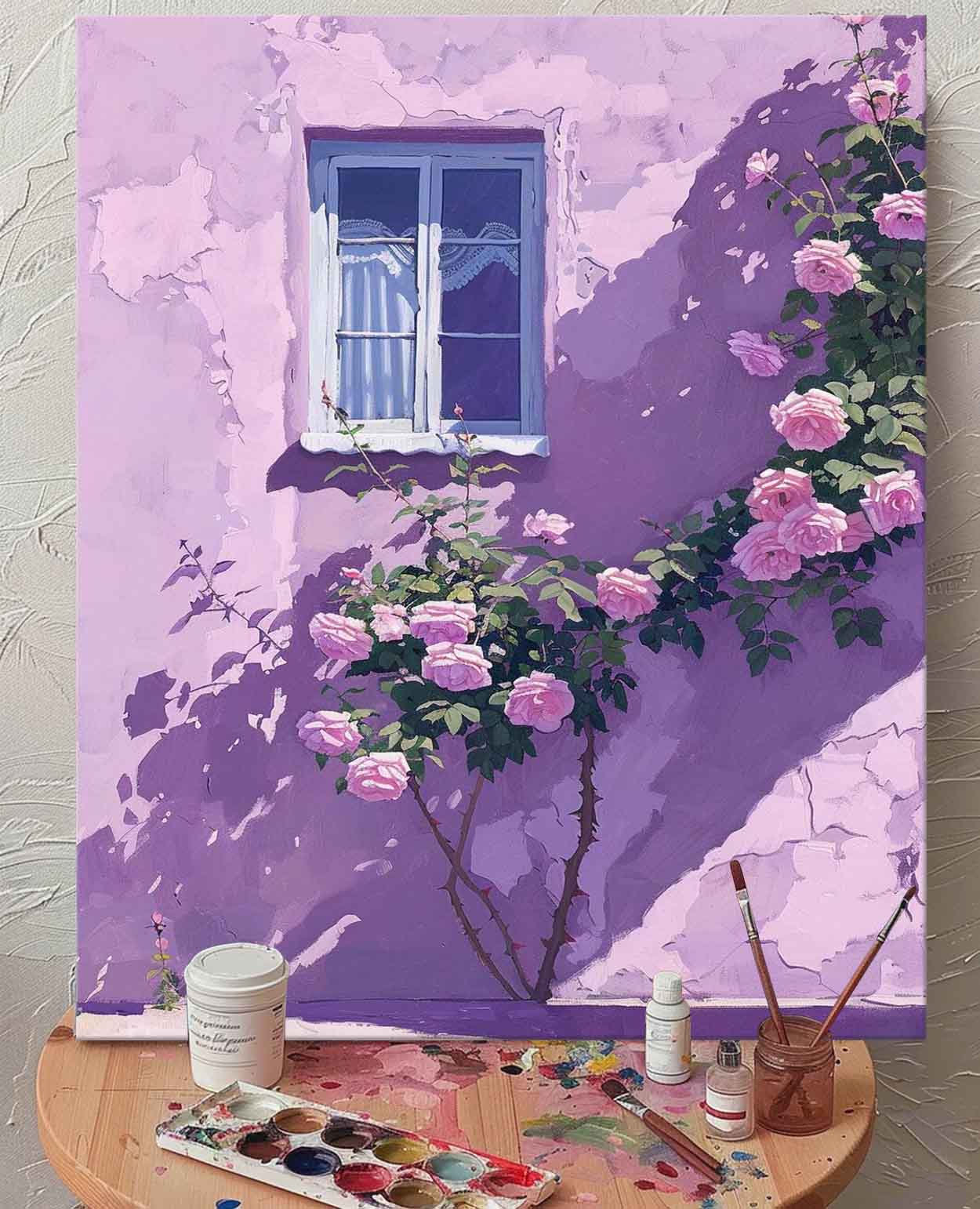 Flowers And Purple Building Acrylic Painting Canvas Large Textured Art Original Floral Painting Home Decor