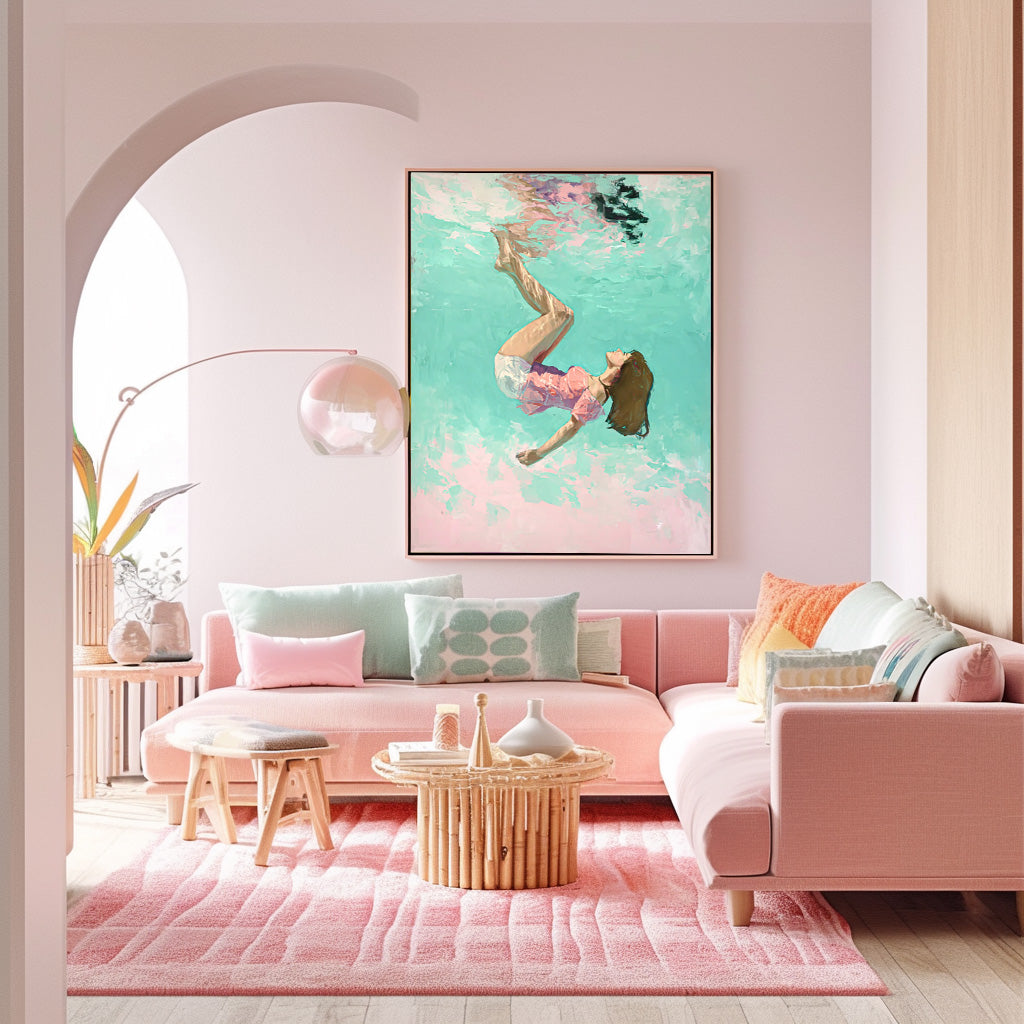 Green And Pink Diving In Ocean Woman Acrylic Painting Cute Lady Artwork Original Girl swimming Wall Art