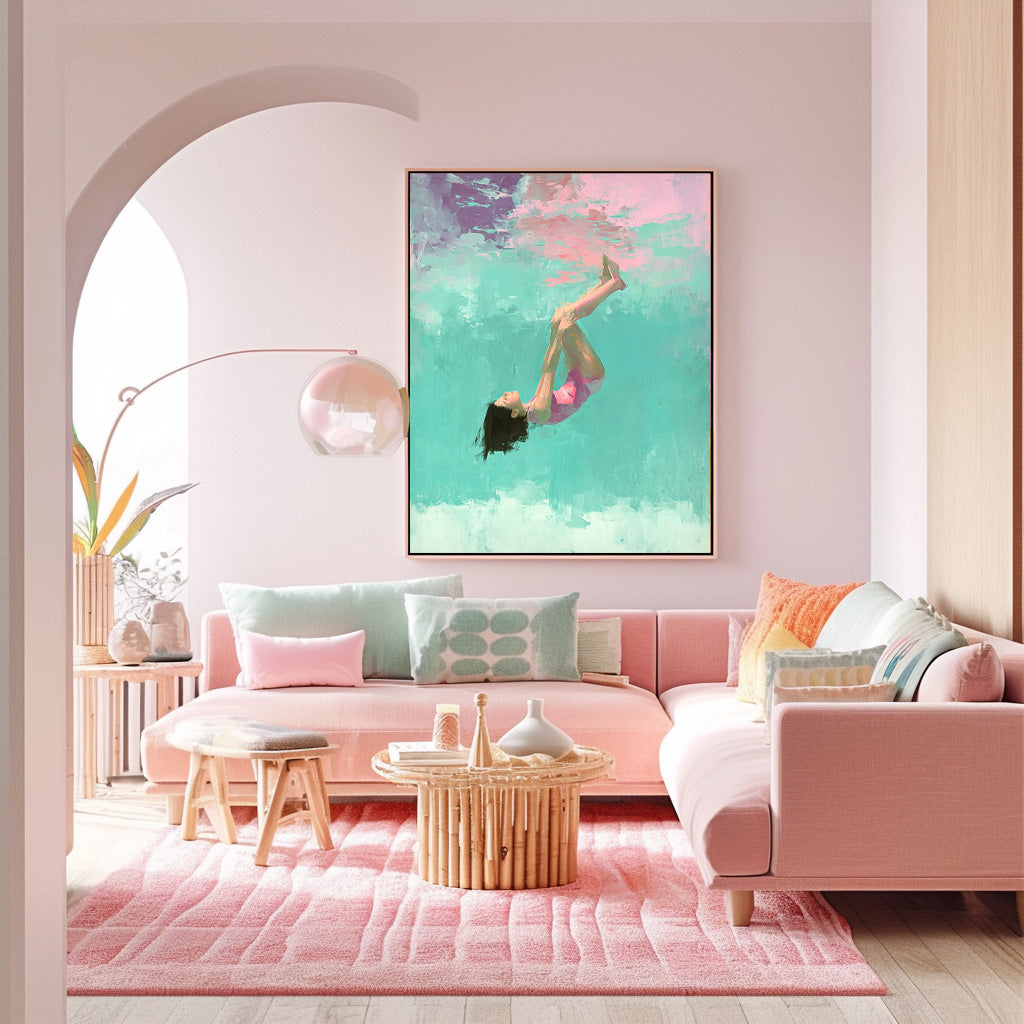 Diving In Ocean Sensual Woman Acrylic Painting Lovely Lady Artwork Original Girl swimming Wall Art