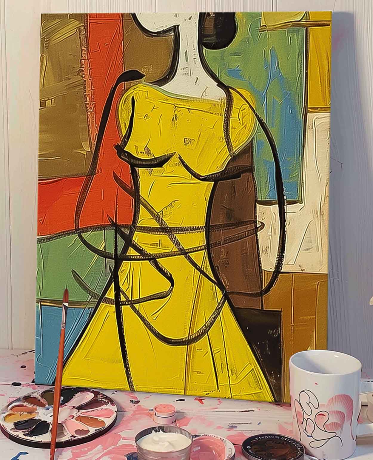 Large Cartoon Lines Painting Framed Original Lady Wall Art Abstract Yellow Dress Artwork Home Decor