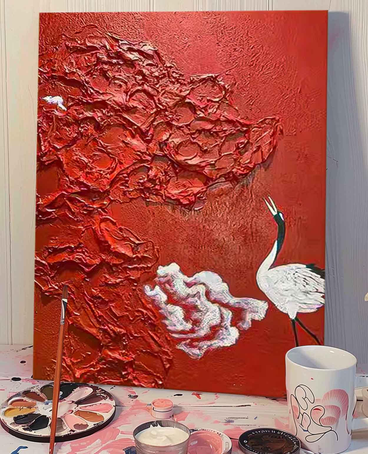Bright Red Oil Painting Modern Thick Texture Crane Oil Painting Impressionist  Crane Animal Wall Art