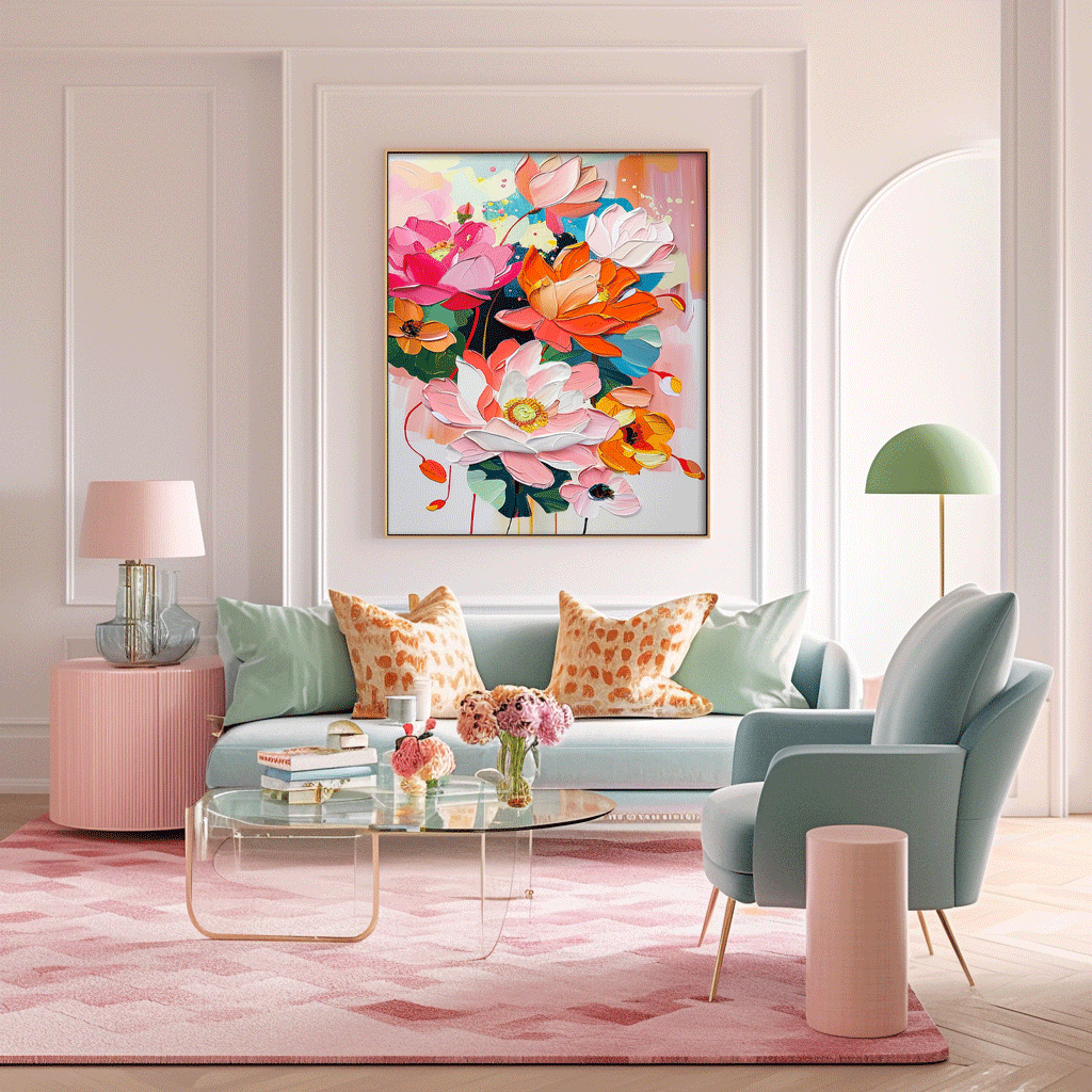 Abstract Colorful Lotus Flower Oil Painting on Canvas Big Original Texture Flowers Artwork Framed