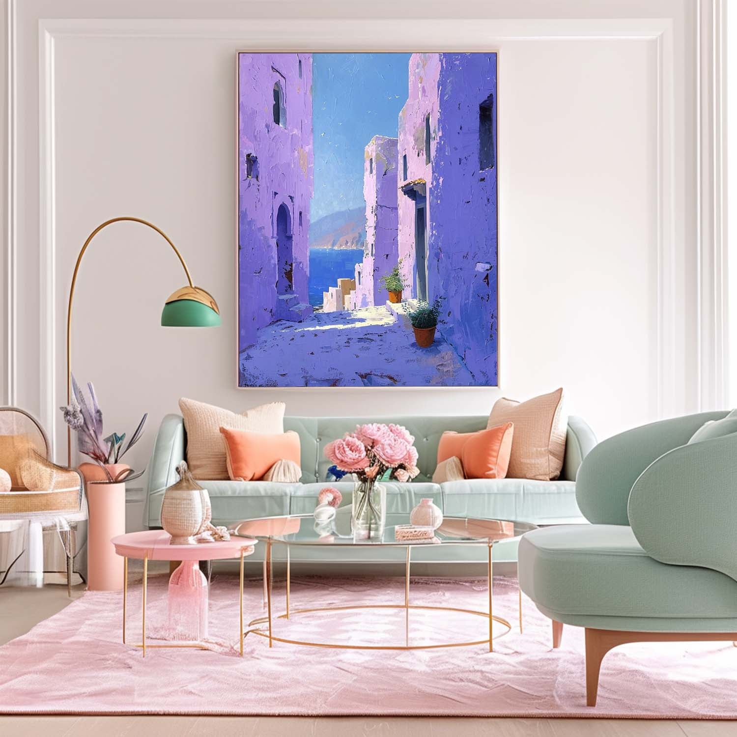 Dreamy Purple Building Large Alley Wall Art Original Modern Oil Painting On Canvas Abstract House Art Home Decor