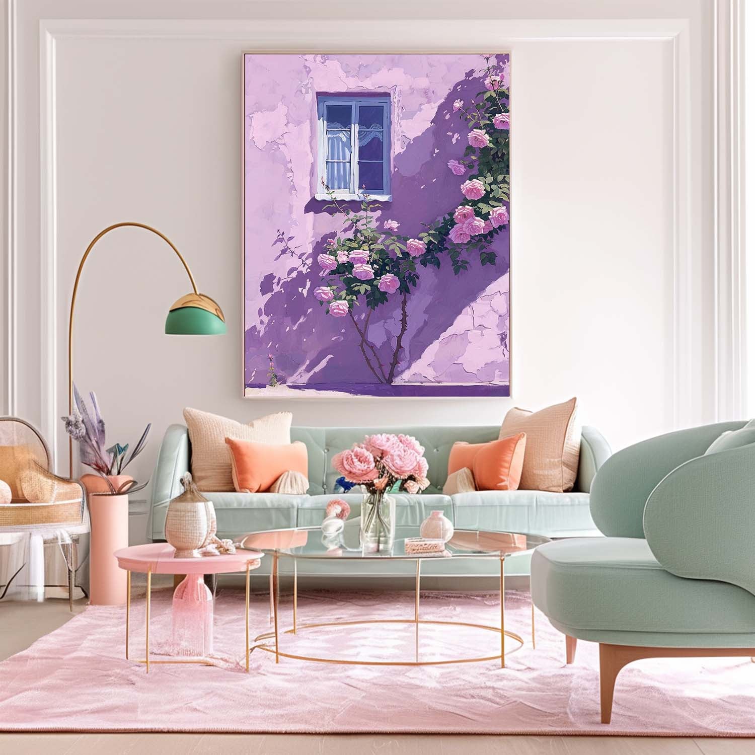 Flowers And Purple Building Acrylic Painting Canvas Large Textured Art Original Floral Painting Home Decor