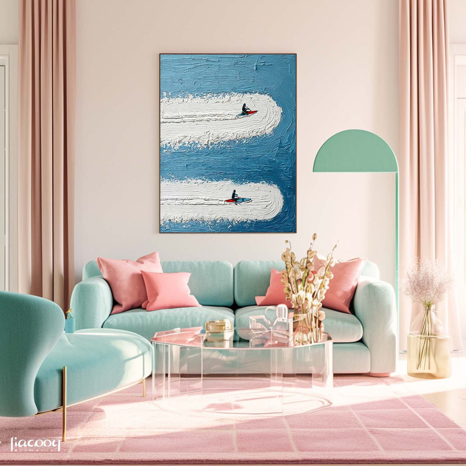 Minimalist Surfing Art Contemporary Ocean Painting Abstract Surfer Landscape Blue Ocean Wall Art Decor