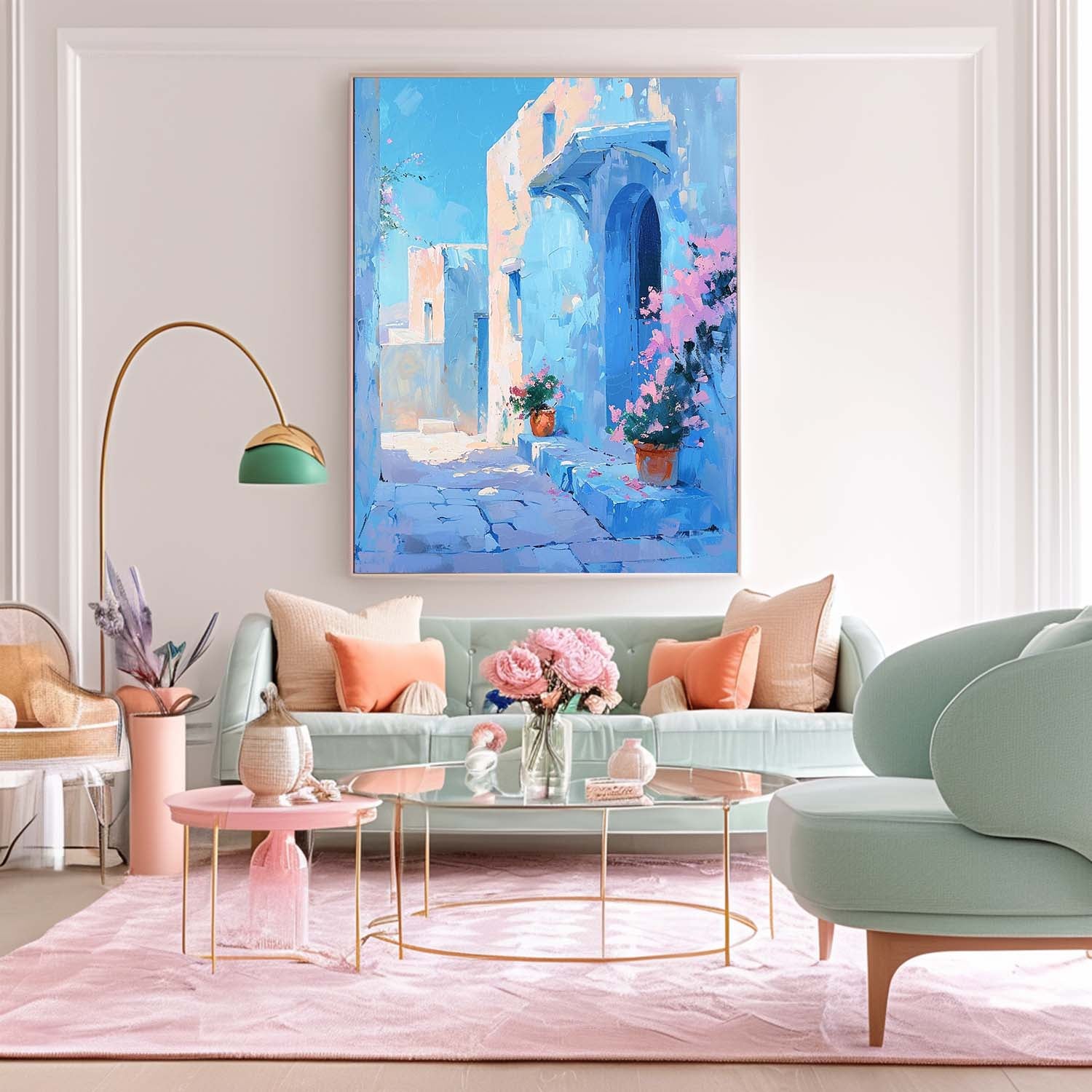 Large Alley Wall Art Original Modern Oil Painting On Canvas Dreamy Blue Building Abstract House Art Home Decor