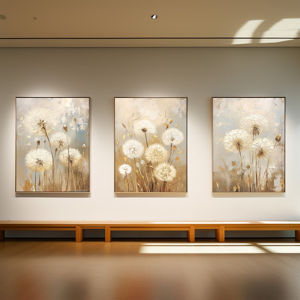 Set of 3 white Dandelion Abstract Oil Paintings Contemporary Flower Canvas Wall Art Floral Spring Artwork