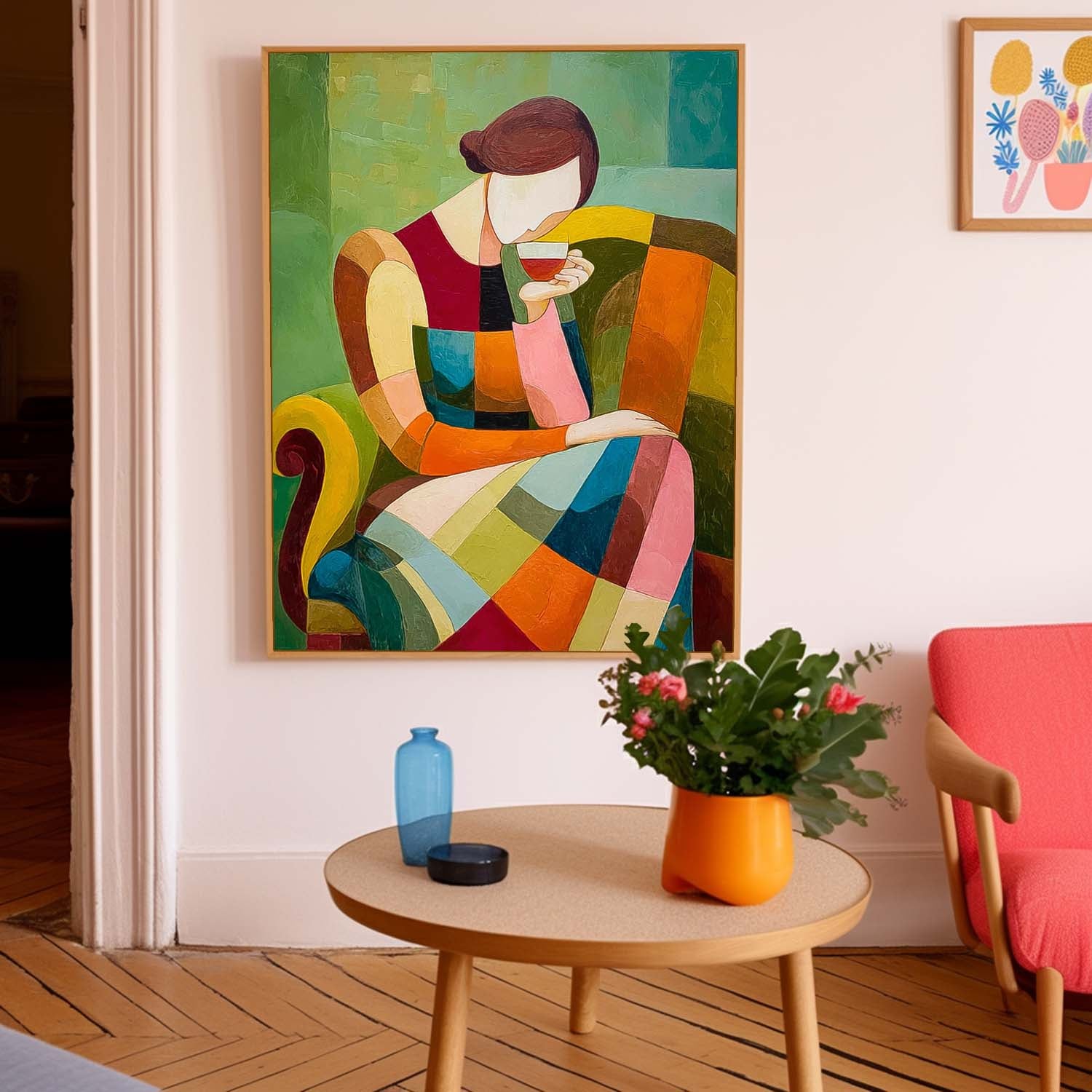 Original Elegant Woman Wall Art Abstract Lady Geometric Color Blocks Oil Painting Canvas Figure Artwork