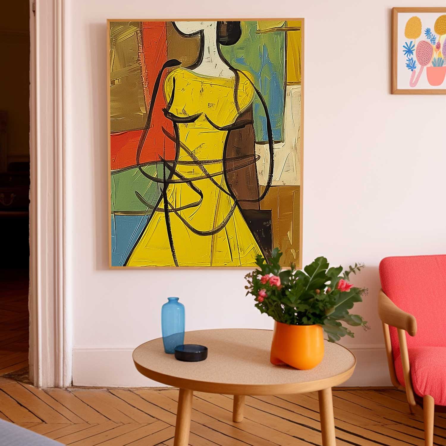 Large Cartoon Lines Painting Framed Original Lady Wall Art Abstract Yellow Dress Artwork Home Decor