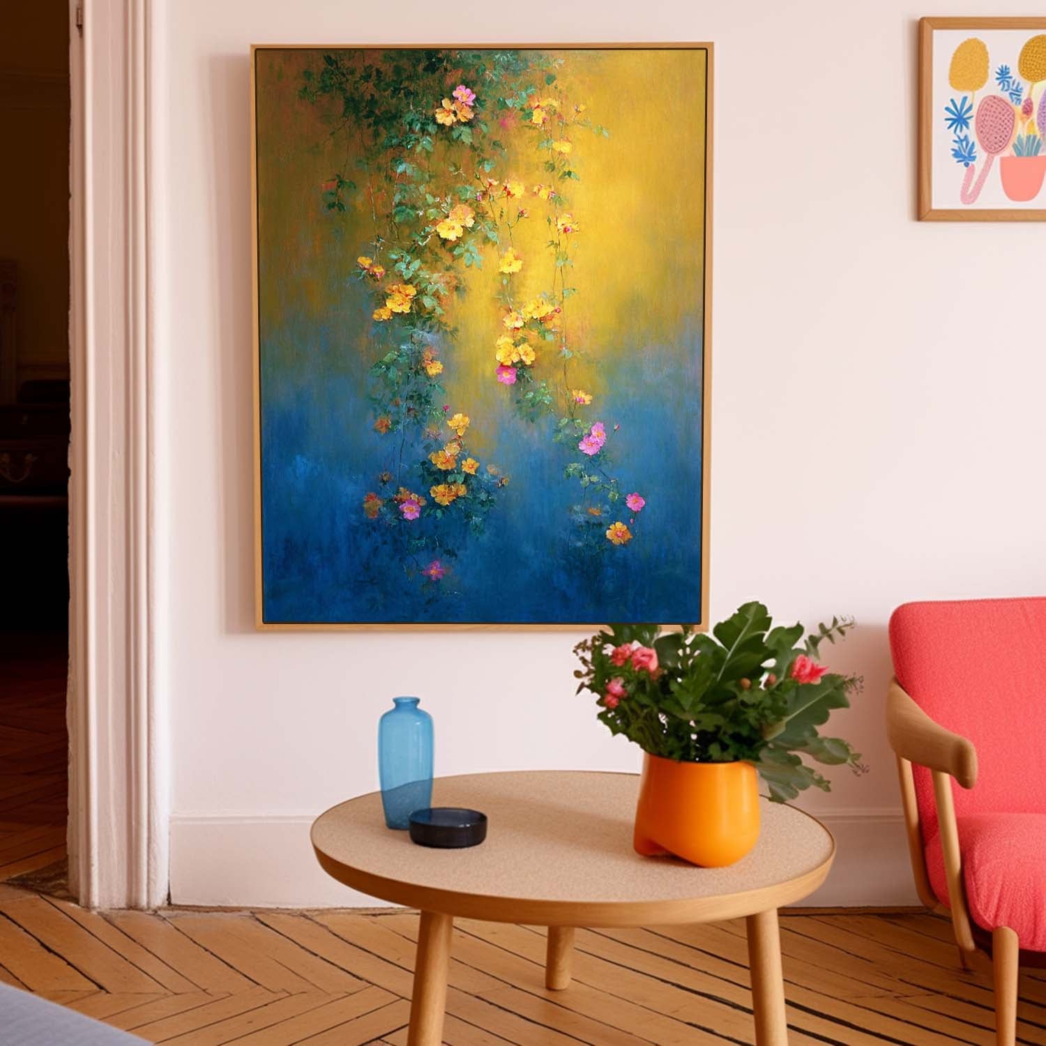 Abstract Bohemian Floral Oil Painting Hanging Vine Yellow Pink Flowers Canvas Wall Art Living Room Decor