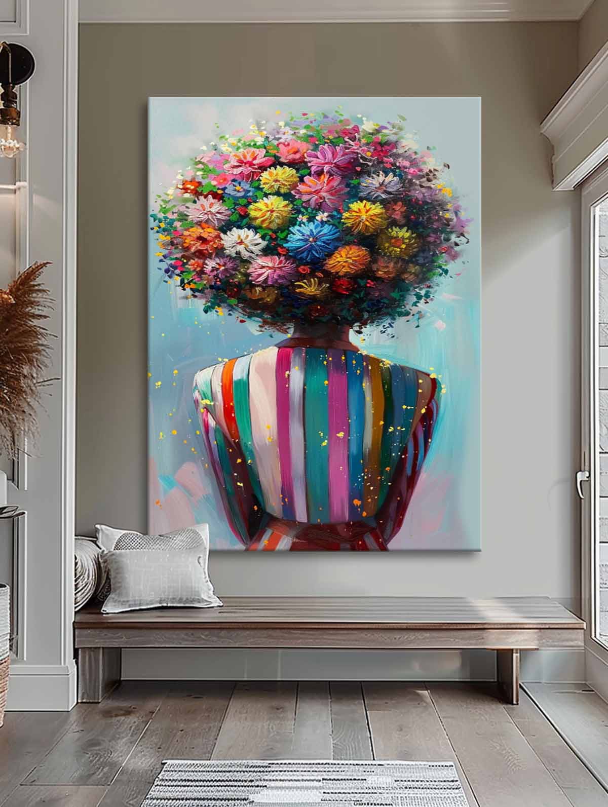 Original Figure Back Acrylic Painting Large Texture Abstract Colorful Flower Human Wall Art Portrait Artwork