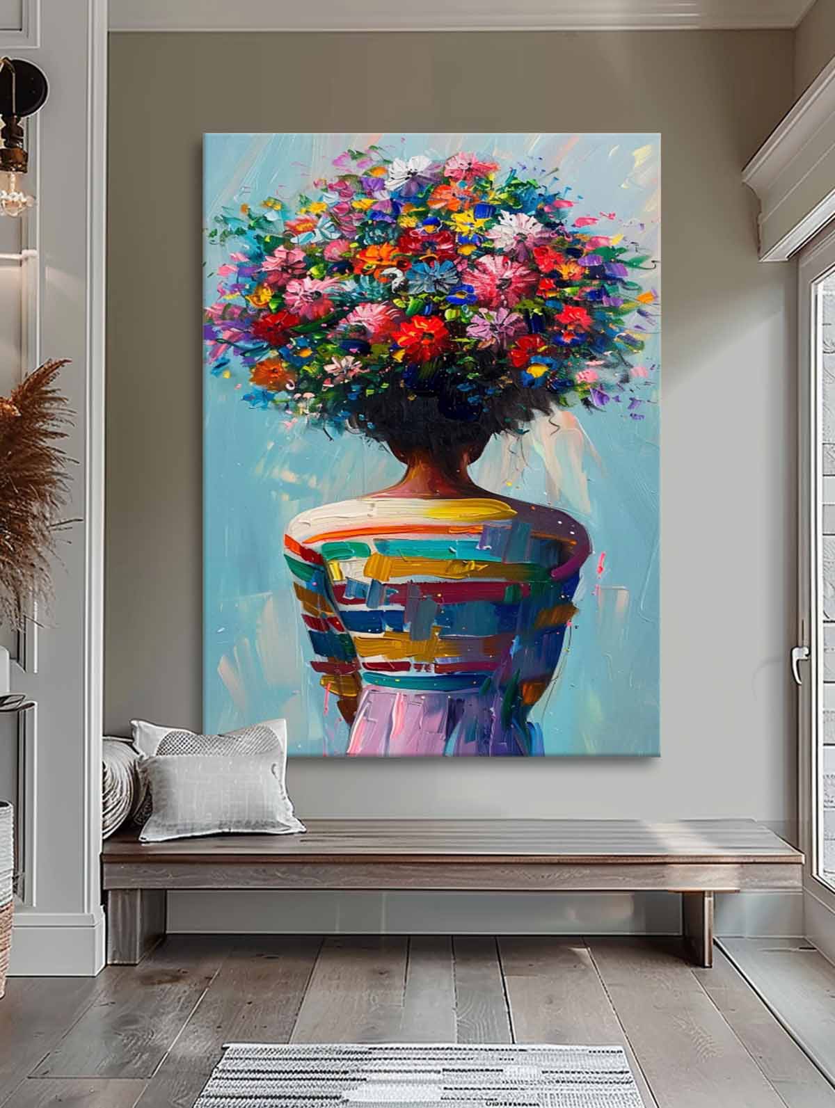 Large Texture Abstract Colorful Flower Human Wall Art Original Figure Back Acrylic Painting Portrait Artwork