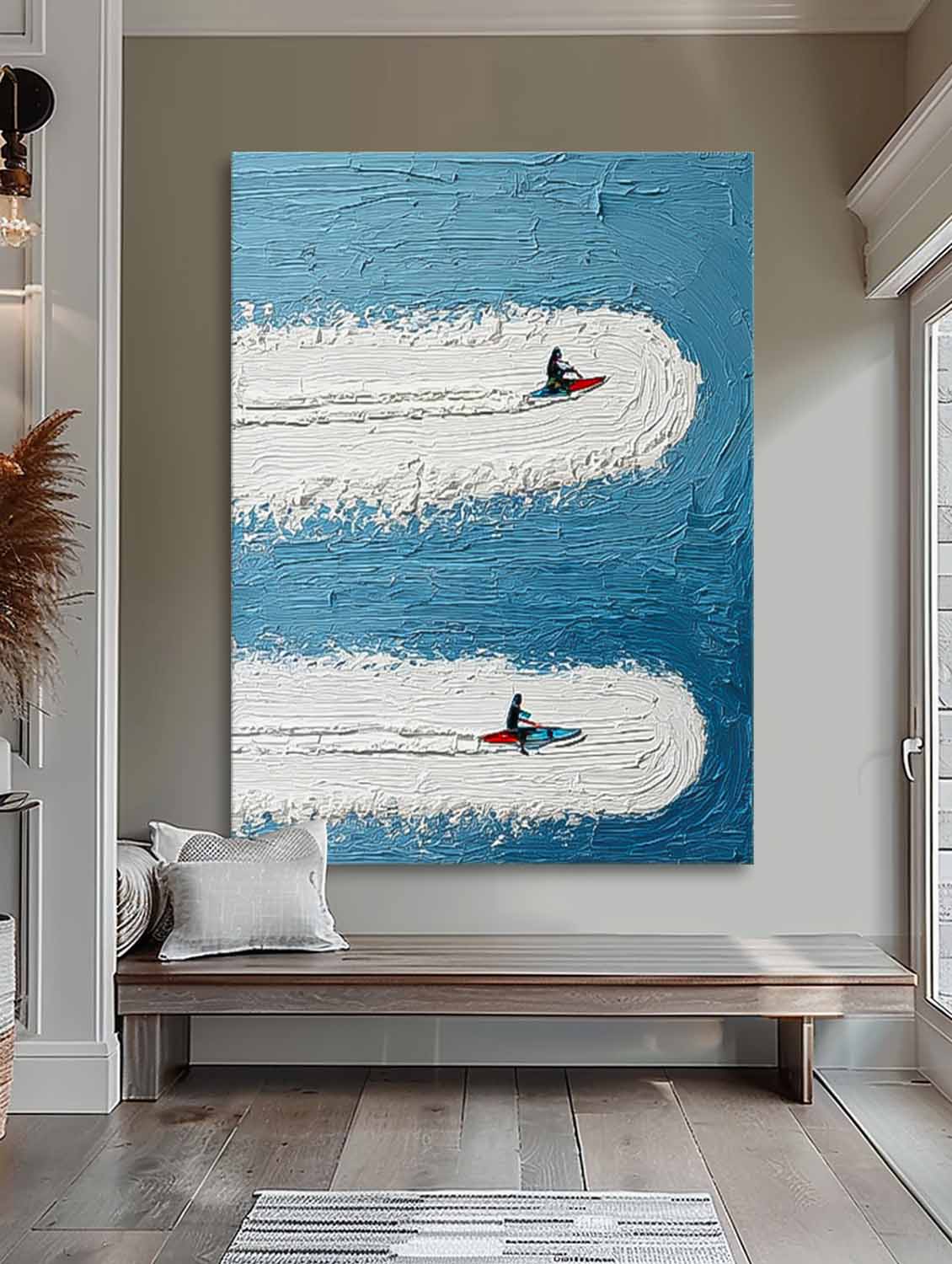 Minimalist Surfing Art Contemporary Ocean Painting Abstract Surfer Landscape Blue Ocean Wall Art Decor