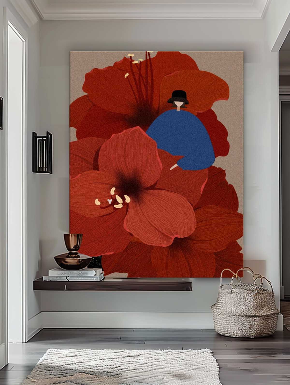 Large Figure Painting Original Girl On Flowers Wall Art Illustration style Abstract Artwork Home Decor