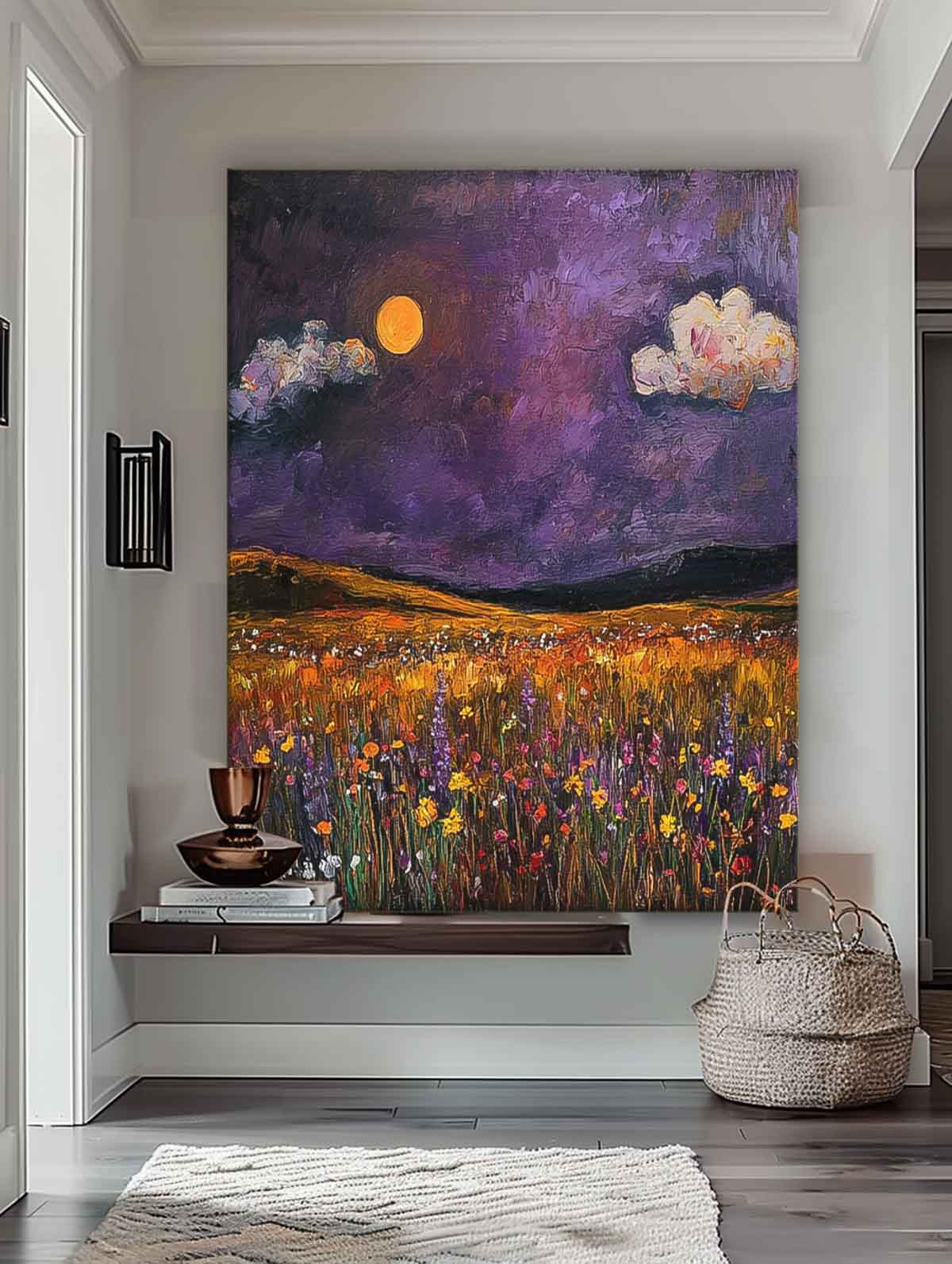 Large Spring Wall Art Original Landscape Oil Painting Abstract Purple Scenery Painting Living Room Decor