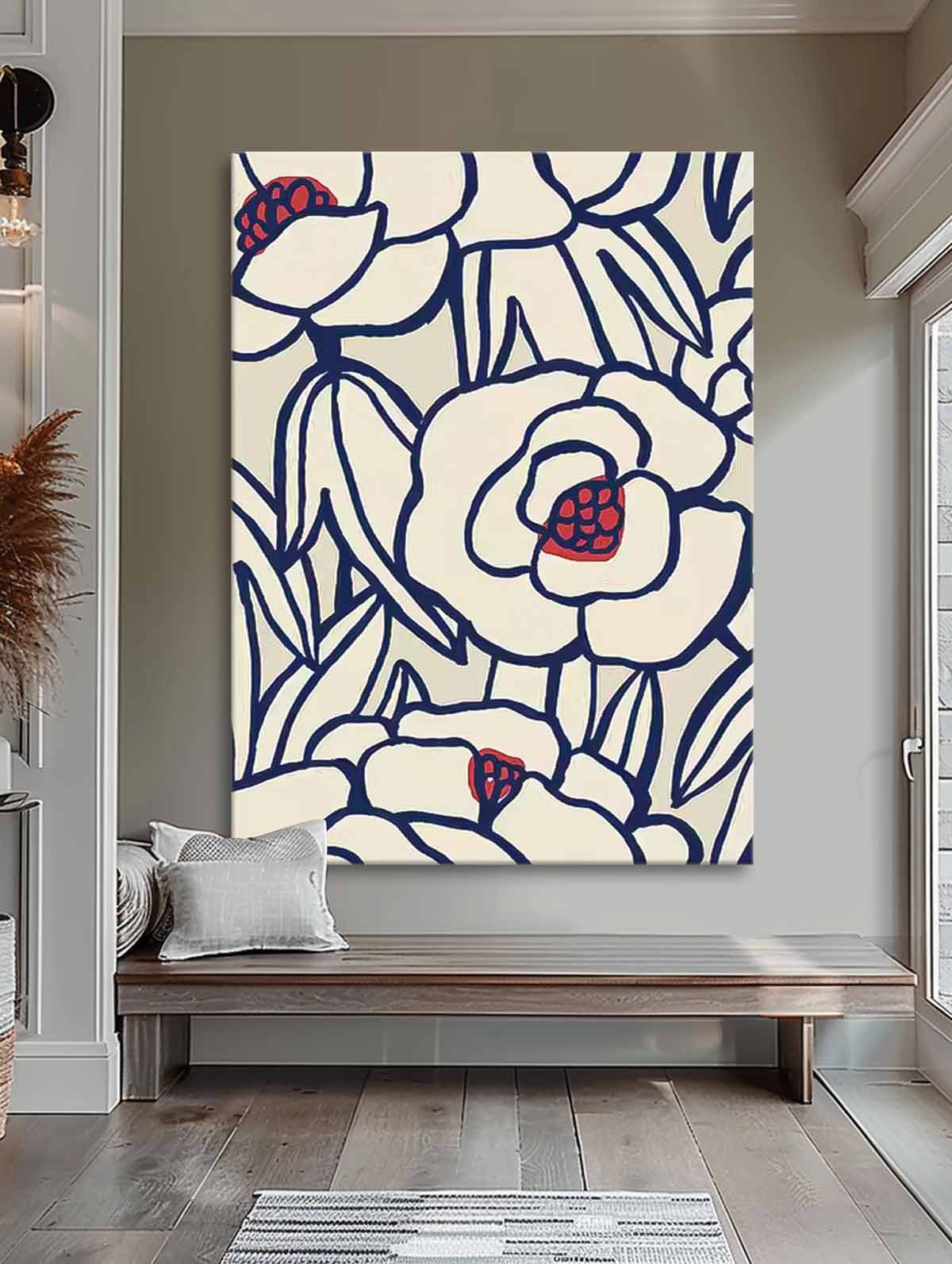 Original Minimalist Lines Floral Painting Large Wall Art Abstract Flower Acrylic Painting On Canvas Custom Home Decor