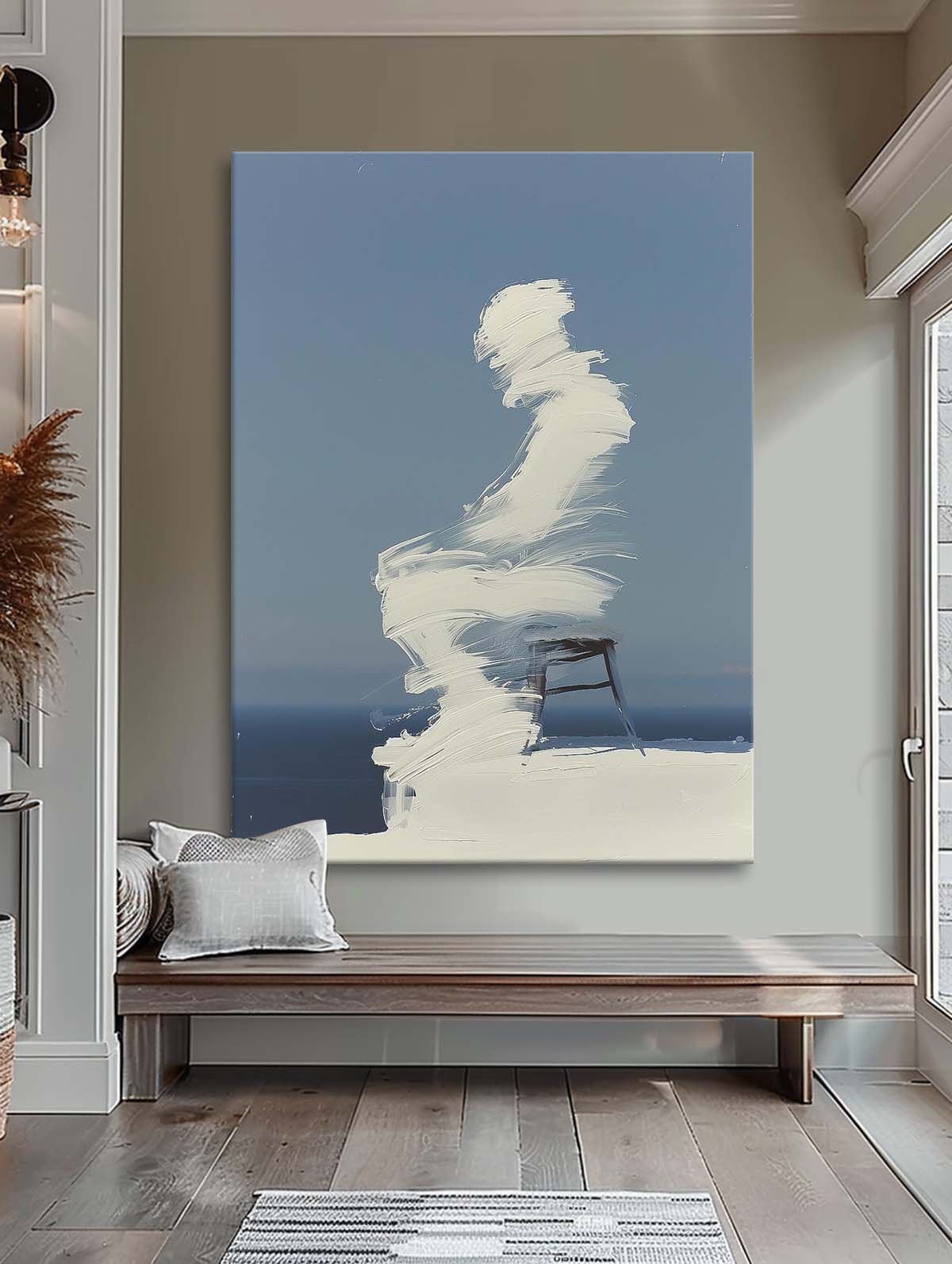 Cool Tones Original Abstract Wall Art Large Outline Acrylic Painting Figure Outline Painting Framed Artwork